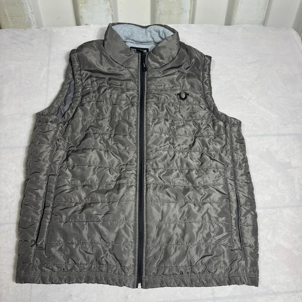 True Religion Mens Puffer Vest Jacket Gray Full-Zip Embroidered Logo Mock Neck L